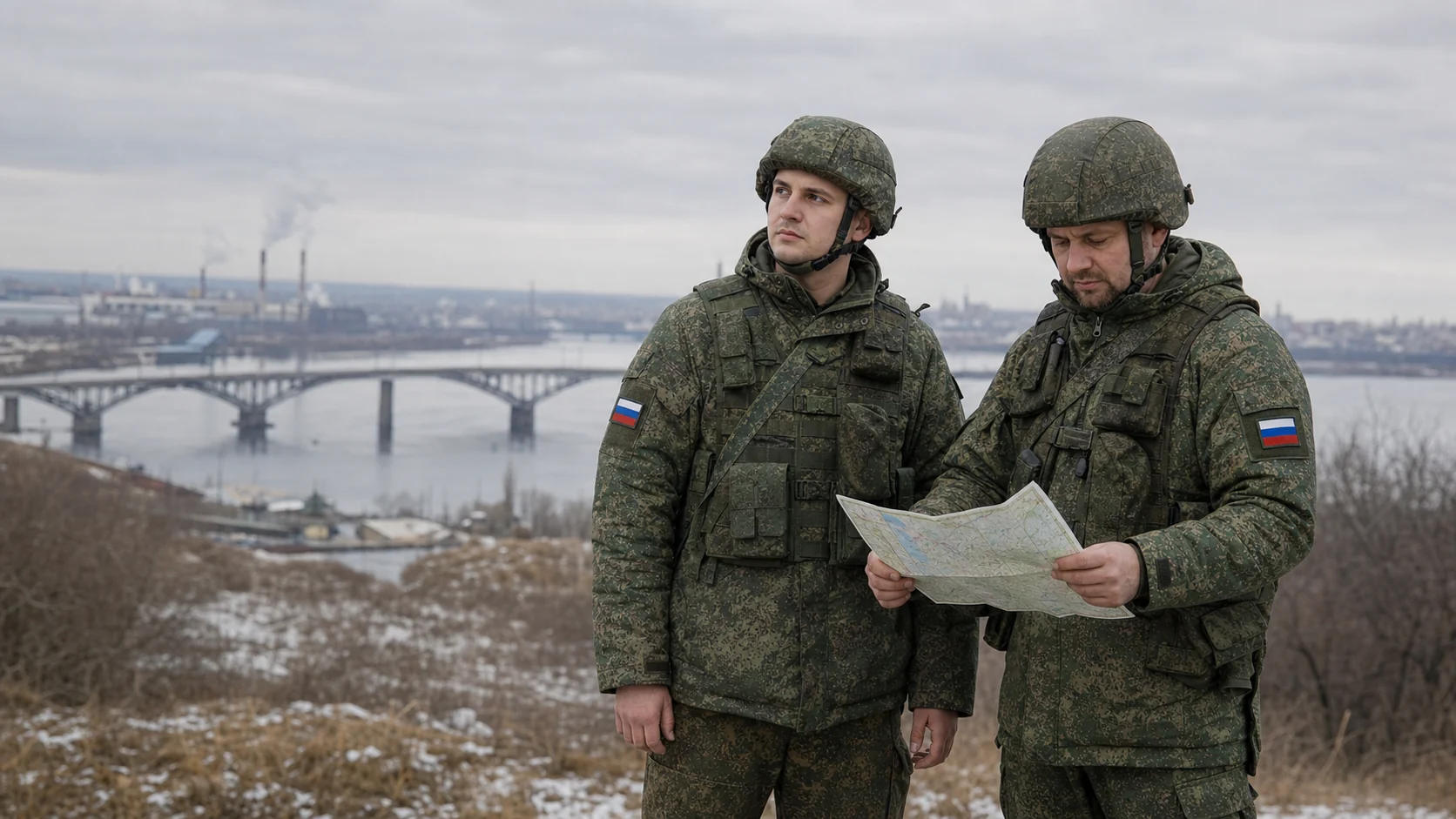 Военнослужащие изучают карту на фоне Волги